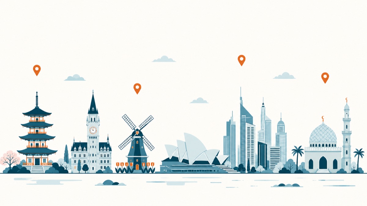 Ilustrasi siluet landmark berbagai negara dengan pin lokasi oranye di atasnya