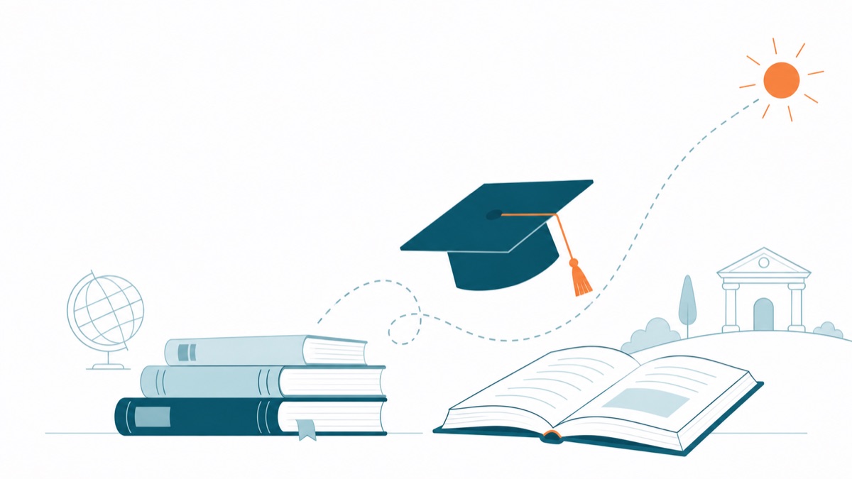 Ilustrasi topi wisuda, buku, globe, dan gedung universitas — perjalanan studi internasional